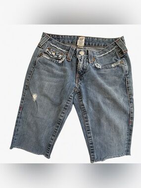 TRUE RELIGION Distressed Blue Denim Cutoff Shorts